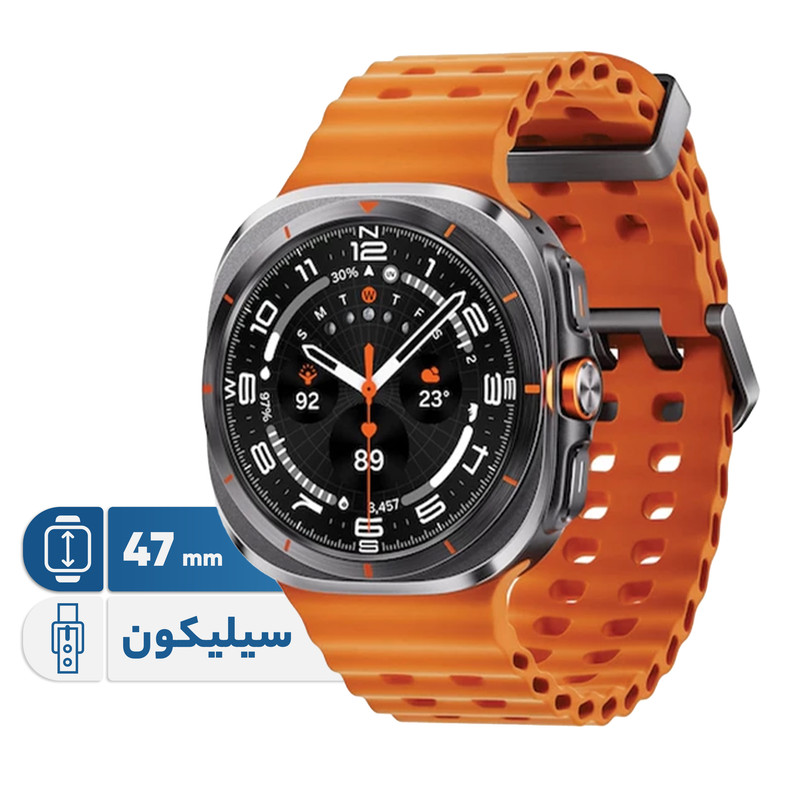 محصول نمونه تستی ساعت هوشمند سامسونگ مدل Galaxy Watch Ultra دارای قابلیت های کنترل موسیقی (Music Player)، قابلیت مکالمه از طریق بلوتوث، قابلیت تغییر طرح ساعت یا تم، صفحه همیشه روشن (Always-on Display)، پشتیبانی از دستیار صوتی بند سیلیکون
