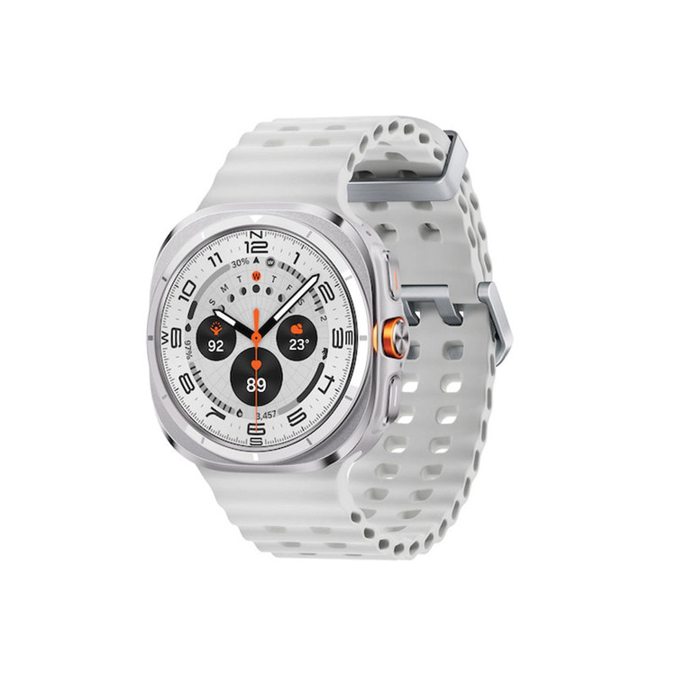 محصول نمونه تستی ساعت هوشمند سامسونگ مدل Galaxy Watch Ultra دارای قابلیت های کنترل موسیقی (Music Player)، قابلیت مکالمه از طریق بلوتوث، قابلیت تغییر طرح ساعت یا تم، صفحه همیشه روشن (Always-on Display)، پشتیبانی از دستیار صوتی بند سیلیکون