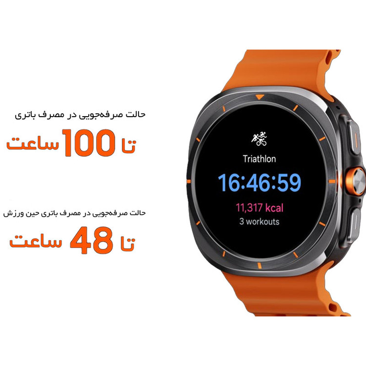 محصول نمونه تستی ساعت هوشمند سامسونگ مدل Galaxy Watch Ultra دارای قابلیت های کنترل موسیقی (Music Player)، قابلیت مکالمه از طریق بلوتوث، قابلیت تغییر طرح ساعت یا تم، صفحه همیشه روشن (Always-on Display)، پشتیبانی از دستیار صوتی بند سیلیکون